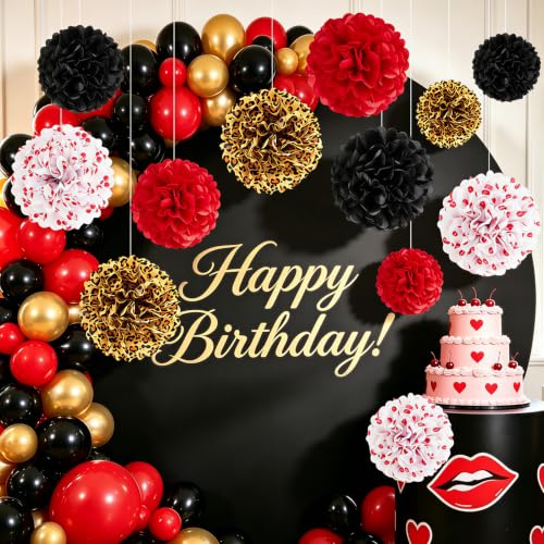Image of Red-Black Gold Party-Decorations Tissue Pom Poms for Party and Event Decorations, Mixed Colors, Home & Kitchen Decor