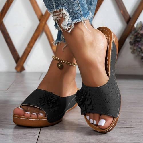 Flower Sandals,Floral Wedge Sandals for Women,Open Toe Leather Slippers Wedge Platform Sandal Slip On Beach Walking Sandals,Sandalias Ortopédicas para Mujer2