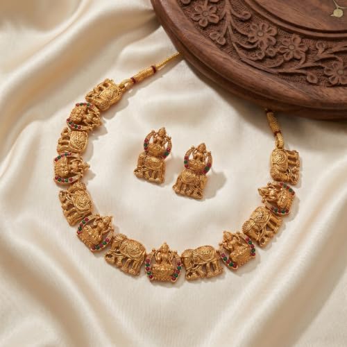 Image of Gold-Plated Antique Temple Jewellery Set for Women - Traditional Necklace with Large Peacock Pendant & Matching Jhumka Earrings | Ethnic Festive & Bridal Wear Set with Ruby & Emerald Accents