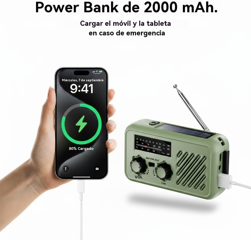 Radio de Emergencia Solar y Manivela, Radio FM/AM Portátil con Linterna LED, Luz de Lectura y Powerbank 2000mAh, Alarma SOS – Ideal para Camping, Regalo Hombre y Apagones