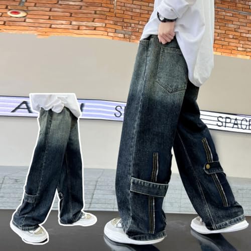 Boys Jeans,Baggy Straight Leg Denim Cargo Pants Y2k Wide Leg Denim Pants Loose Elastic Waist Jeans Streetwear with Pockets2