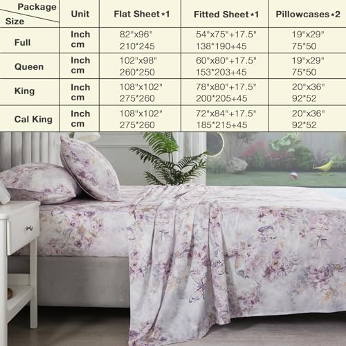 Image of Purple Floral Queen Sheet Set 100% Cotton, Butterfly Patterned Vintage Percale Bed Sheets, Shabby Chic Luxury Toile Bedding, Deep Pocket Crisp Soft Farmhouse Flower Fitted Sheet 4Pcs