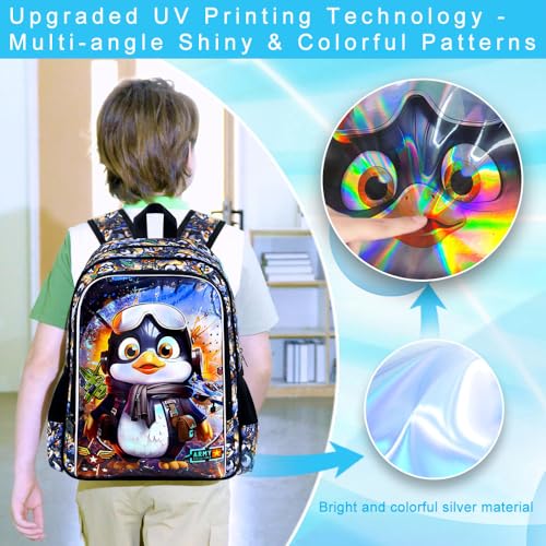Image of 16 inch Backpack for Boys, 3Pcs Kids Bookbag with Lunch Box, Penguin School Backpacks for Elementary Preschool Kindergarten (Black)