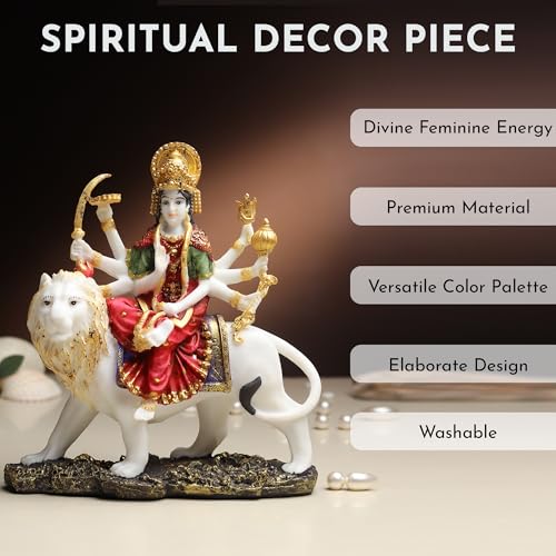 Image of ARMONIA Goddess Durga Dust Marble Finish Figurine with Lion | Hindu Sherawali MATA Murti | Durga Maa Idol for Pooja Mandir & Puja Room | Traditional Hindu Statue for Home Decor & Gifting | H- 25 cm