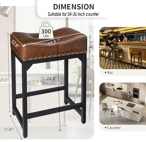 Image of Bar Stools Set of 3, Counter Height Bar Stools for Kitchen Counter, 24 Inch Saddle Backless Barstools Kitchen Stool, Counter Height Stool for Dinning Room, Island-Brown