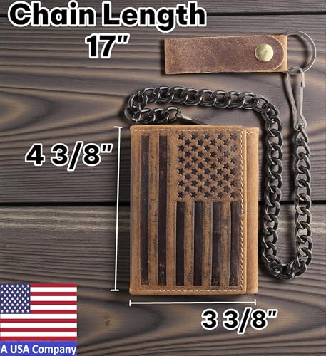 Image of F&L CLASSIC RFID Blocking Men's Tri-fold Vintage Biker Cowhide Leather Steel Chain Wallet,Snap closure, brown,flag,315-100