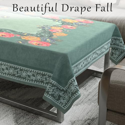 Image of Cloth Fusion Rectangular Velvet Floral Centre Table Cover Cloth, Table Cloth With Elegant Floral Pattern For Living Room (40x60 Inch, Turquoise)