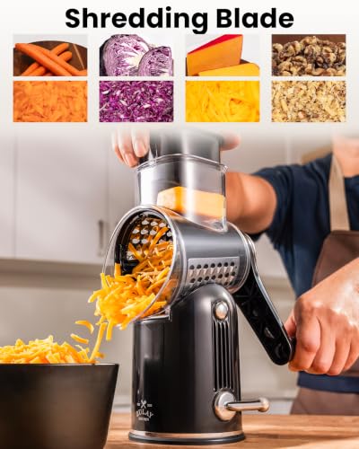 Image of Zulay Kitchen Rotary Cheese Grater 5 Blade Cheese Shredder - Manual Hand Crank Cheese Grater With Reinforced Suction & 5 Interchangeable Drums - Easy to Use, Vegetable Chopper Round Mandoline Slicer