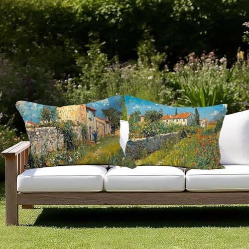 Juego de 2 Funda Cojin 50x80, Funda Cojines Exterior Impermeable, Fundas Cojines Naturaleza de Lino, Decorativos Fundas Almohada Sofa, Cojin Impermeable para Hogar Jardin Regalo Mujer (Cortijo) A-36