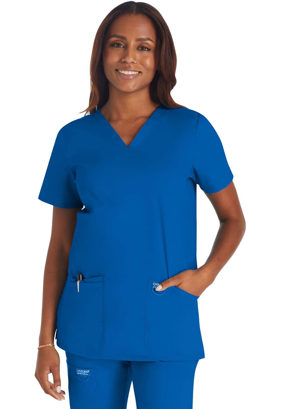 Cherokee Damen-Schlupfkasack, Arbeitskleidung Revolution WW620, V-Ausschnitt, mittelhohe Taille, moderat, ausgestellter Kordelzug, Königsblau, Größe M Top/S Hose