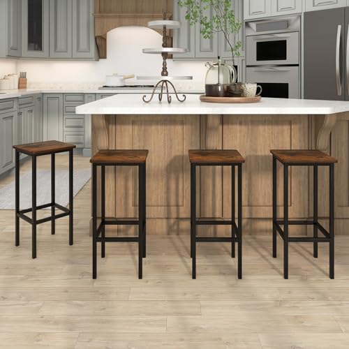 Image of COSTWAY Industrial Bar Stools Set of 4, 26 inch Backless Square Breakfast Bar Chairs with Metal Frame and Footrest, Counter Height Stools for Kitchen Island Dining Room Living Room, Rustic Brown