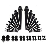 30 Piece Ear Taper Stretching Kit & Plug Set - 18pc Black Acrylic Ear Taper Stretching Kit 14g-00g & 12pc Black Acrylic UV Double O-Ring Plug Kit 8g-00g Ear Expander Set