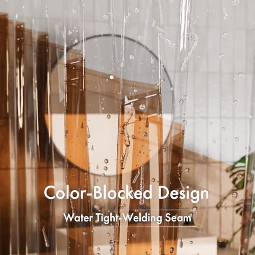 Image of AmazerBath Color Block Shower Curtain Liner, 100% EVA Soft Shower Liner - 72 x 72 Inches Heavy Duty Shower Curtain and Liner 2-in-1 with 3 Clear Stones and 12 Brass Grommets - Clear & Amber