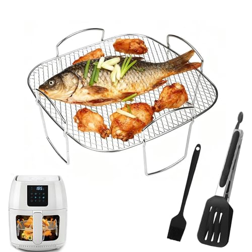 3 Stück Gitter für Heißluftfritteuse 304 Edelstahl Airfryer Rack Multifunktional Grillrost Airfryer Zubehör mit Grillzange Silikon Backpinsel kompatibel mit den meisten Air Fryer