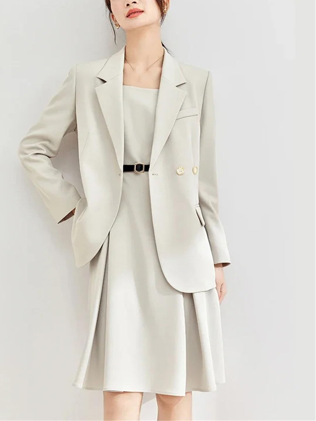 Women Elegant Business Blazer Pleated A Line Dresses 2 Piece Set Office Lady Style Notched Collar Loose Fit Dress Suits