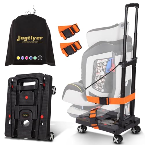 Jogtlyer Portable Car Seat Dolly for Airport 110 Lbs Travel Cart with 4 Fixing Straps No Assembly Foldable Hand Truck Compact for Airplane Overhead Bin Multi Purpose Luggage Trolley