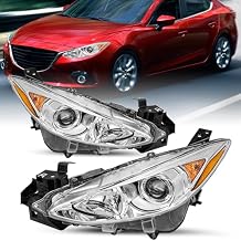 SOCKIR Projector Headlight Assembly Compatible with 2014-2016 Mazda 3 Headlamp Replacement Left & Right Side Chrome Housing with Amber Reflector