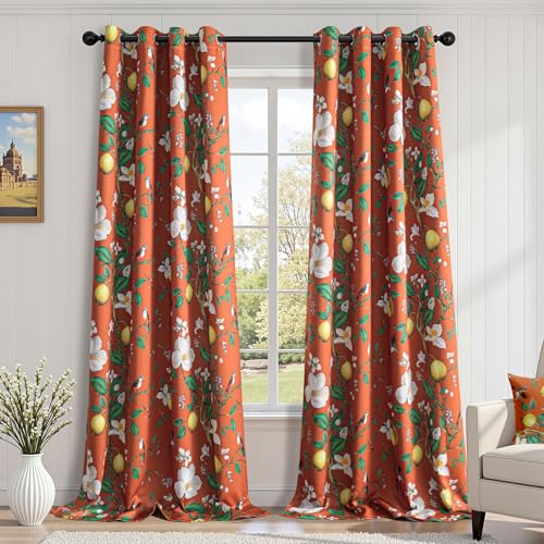 Image of MYSKY HOME Floral Blackout Curtains Panels 95 inches Room Darkening Grommet Vintage Curtains & Drapes with Flower Lemon Hummingbird Patterned for Bedroom Nursery Kids Room, Pack-2, 52 inch, Burnt Orange