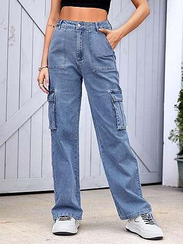 Dordanity Y2K Cargohose für Damen Baggy Hosen High Waist Wanderhose Baumwolle Arbeitshose mit Multi Taschen(Denim Blau,L)