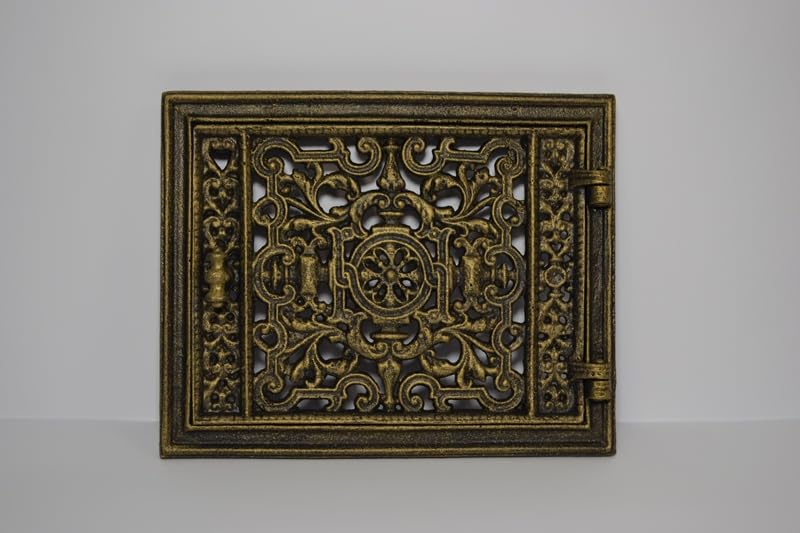 Sezam - Tur - perforiertes Gitter aus Gusseisen mit Türriegel, rechteckig, für Kaminöfen - 32x25.5cm (Altes Gold)