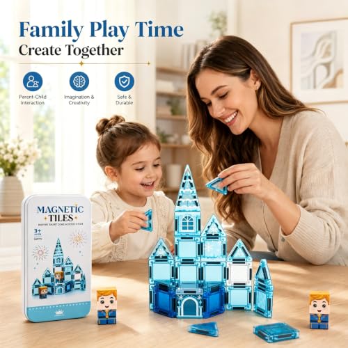 Image of Mini Magnetic Tiles 30PCS Ice Castle Building Set for Kids Ages 3+ | travel friendly,ice castle magnetic tiles, mini 30pcs set, safe abs, strong magnets, stem pretend play toy for kids 3+