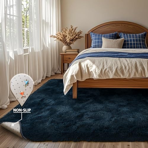 Fluffy Area Rug Blue 3x5 Rugs for Bedroom, Plush Soft Navy Blue Shag Carpet for Living Room Boys Book Room Nursery Kids Playroom Dorm Decor