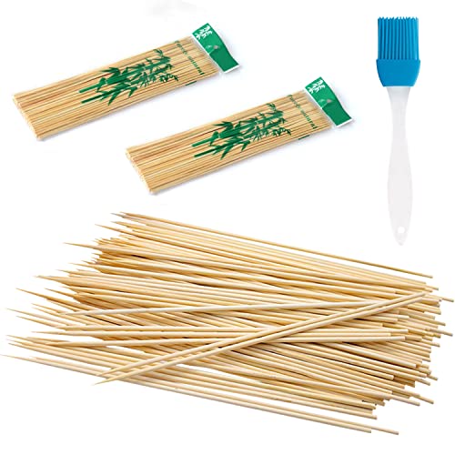 150 Palillos de Barbacoa Largos de Madera Desechables, 1 Pincel de Aceite, Duraderos y Prácticos para Pinchos, Kanto (2,5 mm x 30 cm)