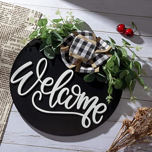 Welcome Sign For Front Door Porch Decor Farmhouse Wreath Wall Decor With Eucalyptus Wreath & Buffalo Bow - Round Hanging Welcome Sign Christmas Decoration For Home Outdoor Indoor, Housewarming Gift #TOP6