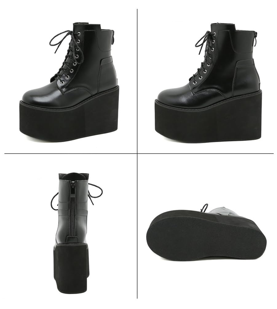 Botines De Plataforma De Tacón Alto De Cuña para Mujer con Cordones Botas Militares Punk Góticas con Cremallera