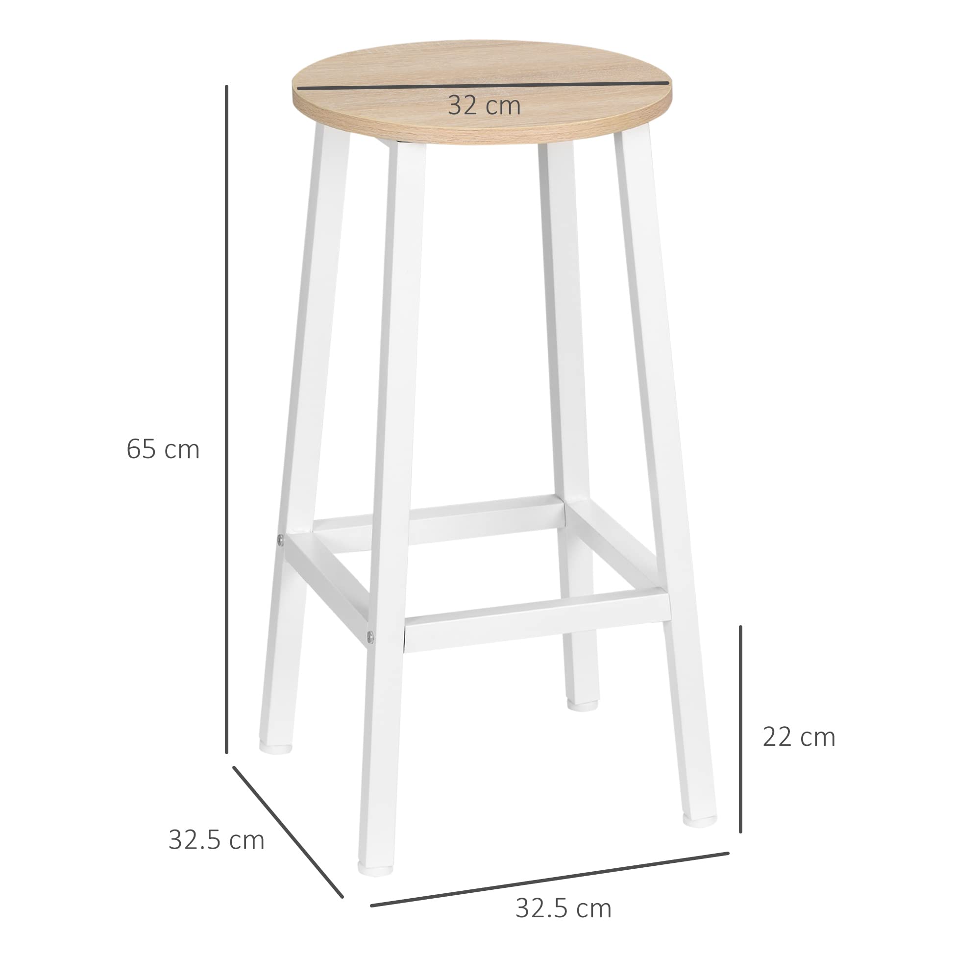 HOMCOM Juego de 2 Taburetes Altos de Cocina 65 cm Madera Natural y Blanco | Taburetes de Bar, Patas de Acero, Reposapiés, para Salón Comedor Bar, Carga 75 kg