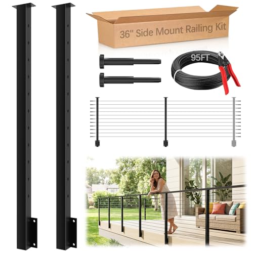 Image of 4-8ft Side Mount Cable Railing Post Kit for 36 inch Deck Railing System | 2 Pack Space-Saving Level Post Kit, Fascia Mount Deck Posts for Deck DIY Length, T304 Black Posts System for Indoor & Outdoor