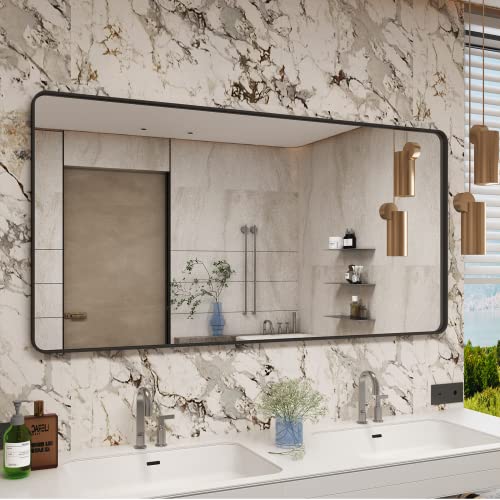 Charmor 60X30 Black Framed Bathroom Mirror For Wall, Black Metal Bathroom Vanity Mirror, Modern Rectangle Mirror, Rounded Corner, Shatterproof, Anti-Rust (Horizontal/Vertical) #TOP7