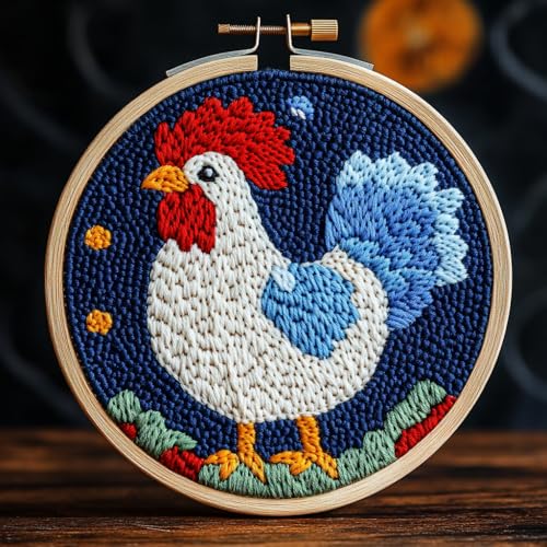 DIY Punch Needle Kits for Beginners Rooster with Hoop Punch Needle Starter Craft Embroidery Set Easy for Adults and Children Festival Gift and Decoration 20x20cm-2