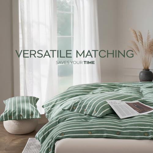 Image of JELLYMONI Cotton Duvet Cover Full Size - Green Striped Comforter Cover with Button 100% Washed Cotton 3PCS Breathable Soft Solid Bedding Set Duvet Cover 80x90in & 2 Pillowcases (NO Comforter)
