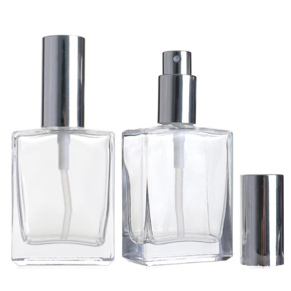 Kwadratowa płaska szklana butelka z rozpylaczem na perfumy, 15–100 ml, do wielokrotnego napełniania, przezroczysty, pusty pojemnik na kosmetyki do pielęgnacji skóry (srebrny atomizer, 100 ml, 3