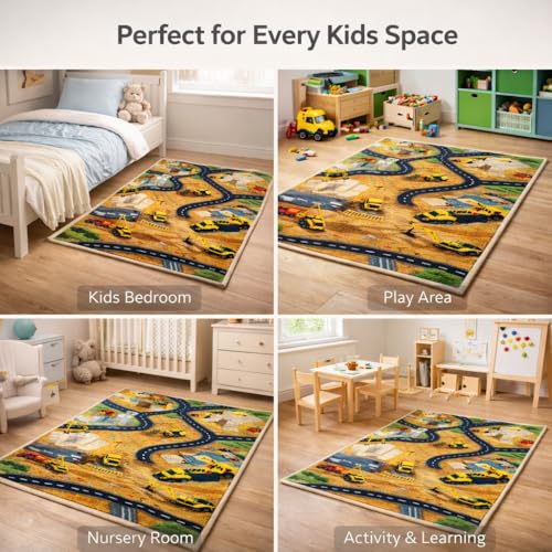 Image of Matz&More Kids Play Area Rug, Brown Children Construction Track Design 100 x 150 CM