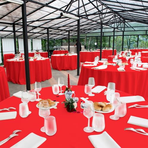 Image of Ragnhild 16 Pack Red Plastic Tablecloth for Round Tables, Premium Decorative Red Disposable Table Cloths for Parties, Bulk Round Party Table Cover for Birthday Wedding Anniversary Graduation, 84 Inch
