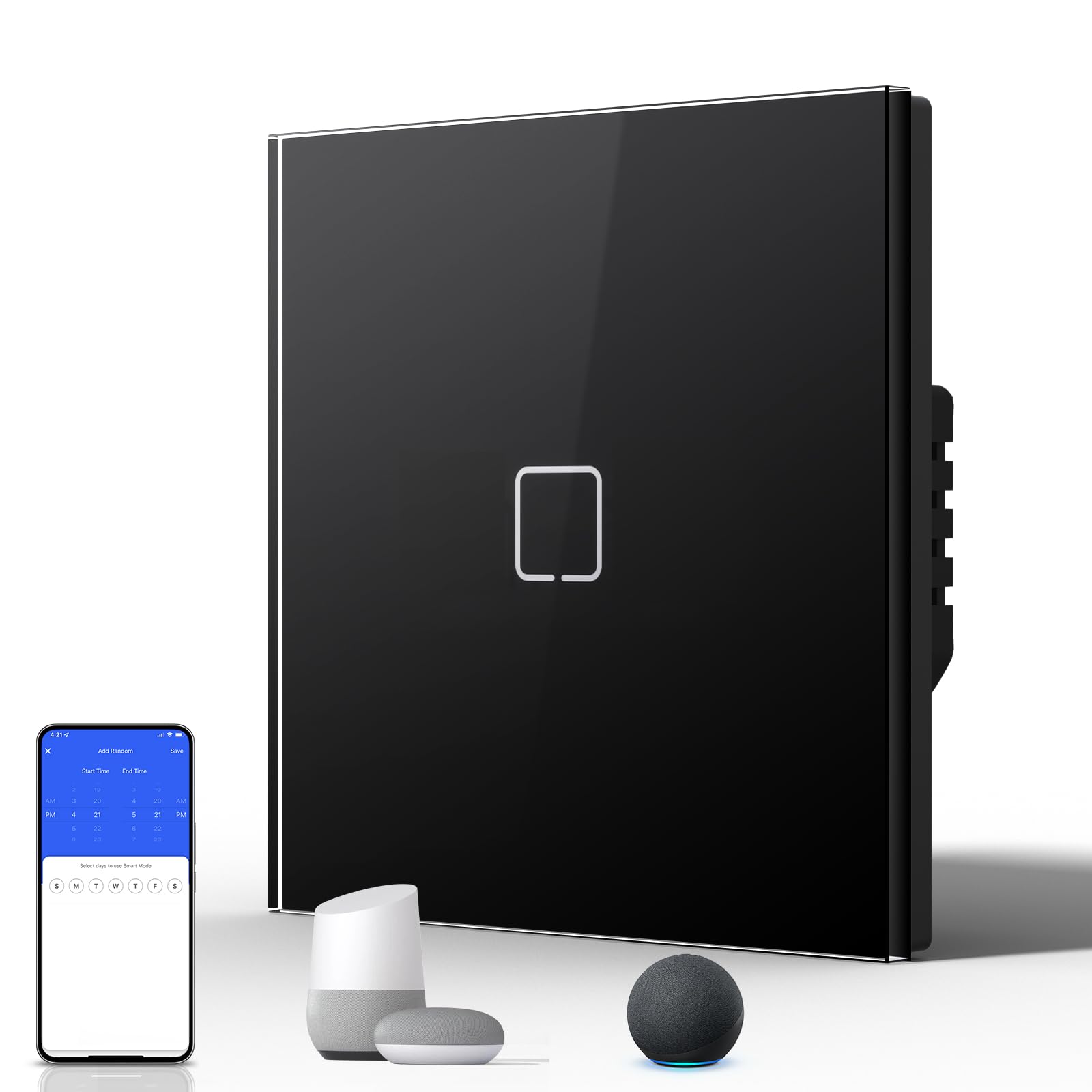 BSEED Smart Touch Light Switch,WIFI Rocker Wall Light Switches with Glass Panel,Push-button with LED Backlight,Horizontal & Vertical Mounting,Neutral Wire Required,1 Gang 1 Way,86mm Black