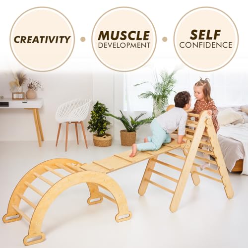 Goodevas 3 in 1 Wooden Toddler Pikler Triangle & Arch Set - Montessori Climbing Toys & Indoor Playground for Toddlers 1-3 - Kids\' Indoor Slide Climbers & Play Structures XL Size