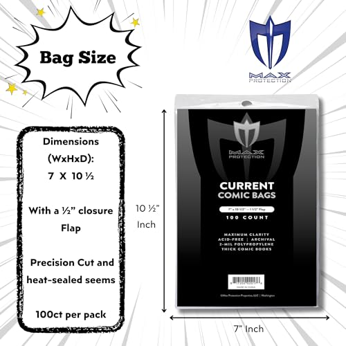 Image of Max Protection Max Pro Current Comic Bags - Archival Quality Acid-Free Storage for Comic Books - Crystal Clear 2 mil Polypropylene - 6-7 /8 inchx10-1 /2 Protection - (500 Bags)