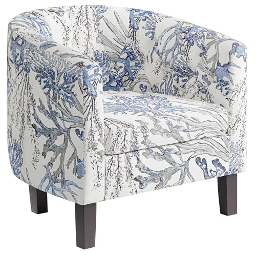 Image of BELLEZE Accent Barrel Arm Chair, Modern Comfy Upholstered Tufted Club Chair with Sturdy Legs and Linen Fabric for Bedroom Living Room - Blue Coral