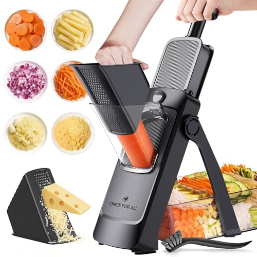 ONCE FOR ALL Cortador de Verdura Multifuncional con Cuchillas de Acero Inoxidable, Mandolina de Cocina Manual, Espirilizador Cortador de Verduras para Kitchen Gift (Actualización - negros)