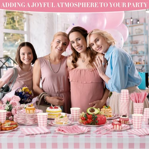 Image of Funnymoom 452 Pcs Pink Gingham Party Supplies for 50 Guests, Pink Gingham Paper Plates Napkins Cup Tablecloth Disposable Tableware for Wedding Bridal & Baby Shower Party BBQ Picnic Birthday Decoration