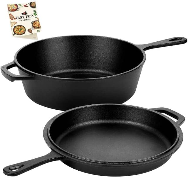 Overmont Pre-Seasoned 3L/3.2 quart Cast Iron Combo Cooker with Lid,2 in 1 with Cookbook Recipe,3L Dutch Oven, 1.4L Skillet, Grill Griddle Works on Baking,Camping,Stovetop & in Oven