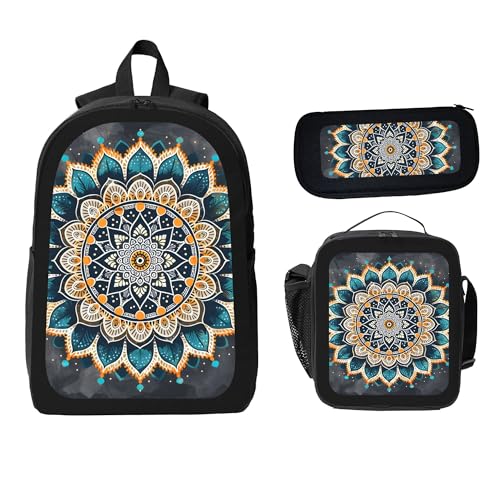 Ethnic Color Mandala Abstract 3 Pcs 17 Inches Backpack Set with Insulated Lunch Bag And Pencil Pouch Large Back Pack for Men Women Lunchbox Pencil Case Waterproof Backpacks Lunch Box 3 Piece Daypacks2