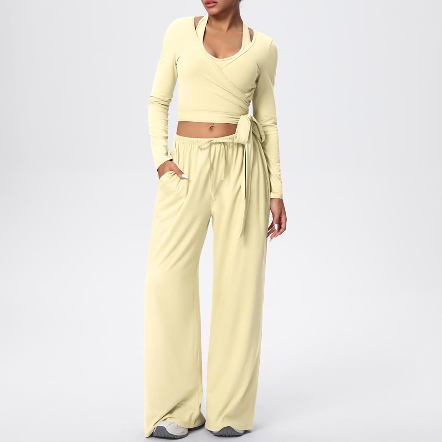 Women's 3 Piece Yoga Outfit Set, Wrap Tie Long Sleeve Top, Halter Neck Sports Bra and Wide Leg Pants Workout Gym