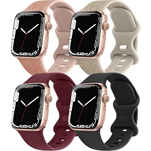 YLK 4 Pièces Bracelet Compatible avec Bracelet Apple Watch 45mm 41mm 38mm 40mm 42mm 44mm Femme Homme, Bracelets en Silicone de Remplacement avec iWatch SE/Apple Watch Series 7 6 5 4 3 2 1 Cover