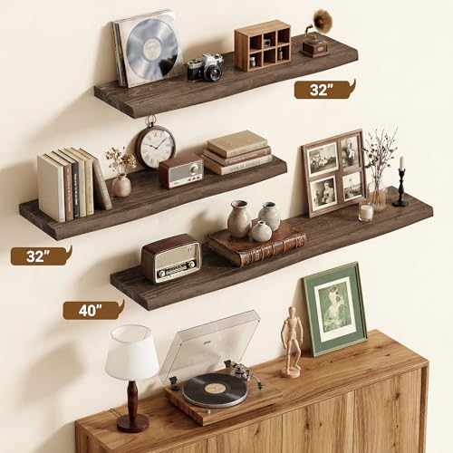 Image of Vivelove Wood Floating Shelves Live Edge 24 inch Set of 2, Dark Walnut