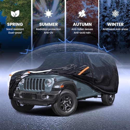 Image of Multi-Layer Car Cover Custom Fit for Jeep wrangler 4 Dr /Unlimited 4 Dr JK JL(1987-2026), 100% Waterproof All Weather for Automobiles, Gift with Towel, Heavy Duty Car Covers for Rain Sun UV Protection.