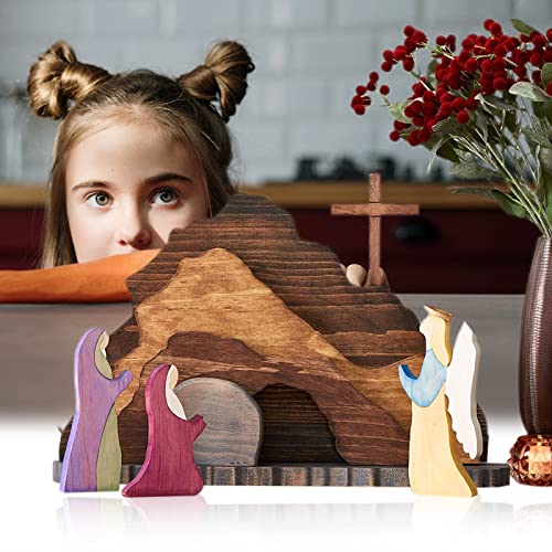 2022 Easter Scene Wooden Decoration - Easter Resurrection Scene Set, Jesus Nativity Scene Decorations, Easter Table Decor, 100% Handmade Easter Decorations Religious Decor for Home Office (#2)